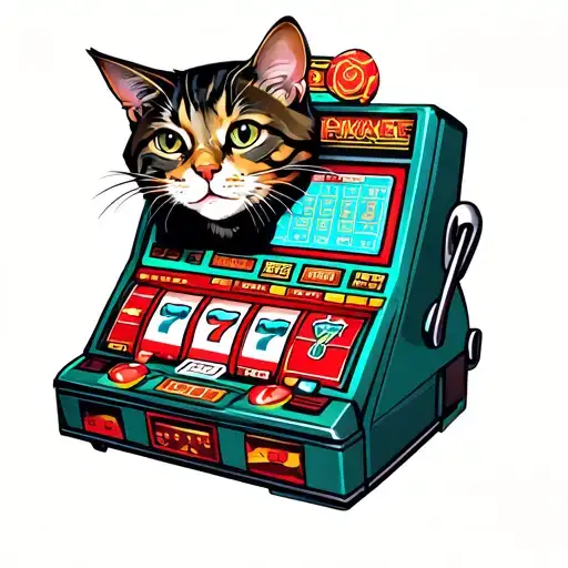 A Tattoo Design Featuring A Cat Playing A Slot Machine In A Casino