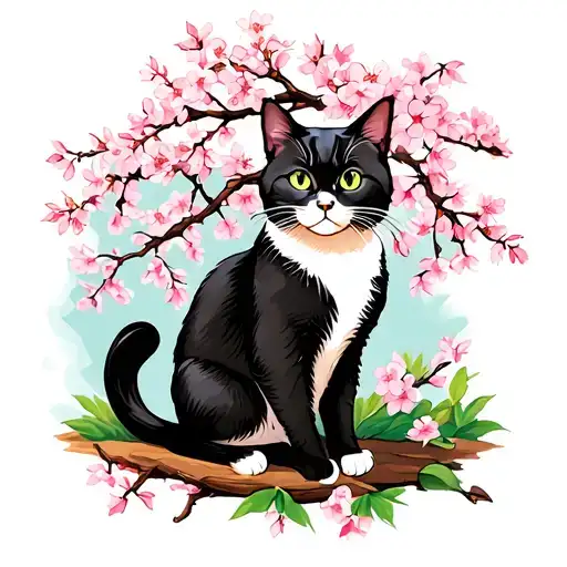 Cat Sitting Under Cherry Blossom Tree