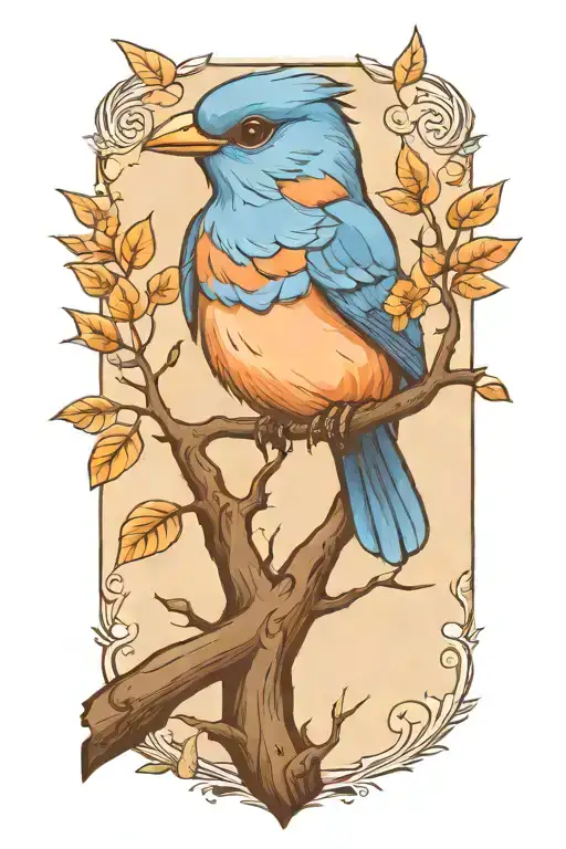 Bluebird On A Branch With A Few Leaves
