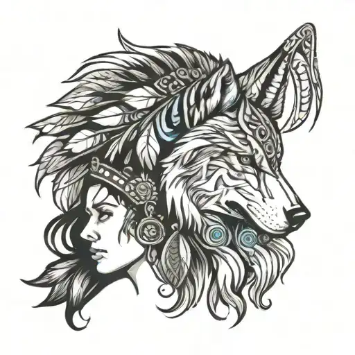 Indian And Wolf Head Profile Holding