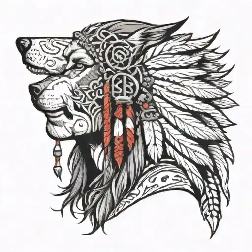Indian And Wolf Head Profile Holding