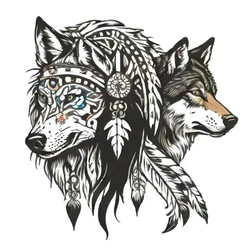Indian Of America And Wolf Face