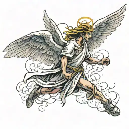 An Angel Going Back To Heaven After A Battle With A Golden Crown Melting On Him