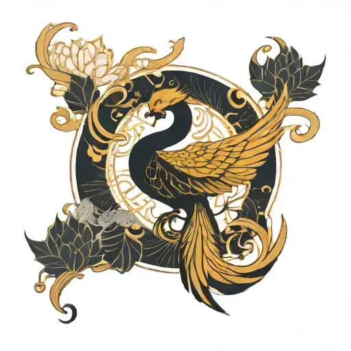 Kintsugi Phoenix Rising On Porcelain Pattern With Lotus Futuristic Elements