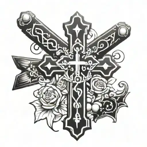 Black And White Tattoo Of An Orthodox Cross With A Rosary Hanging From It