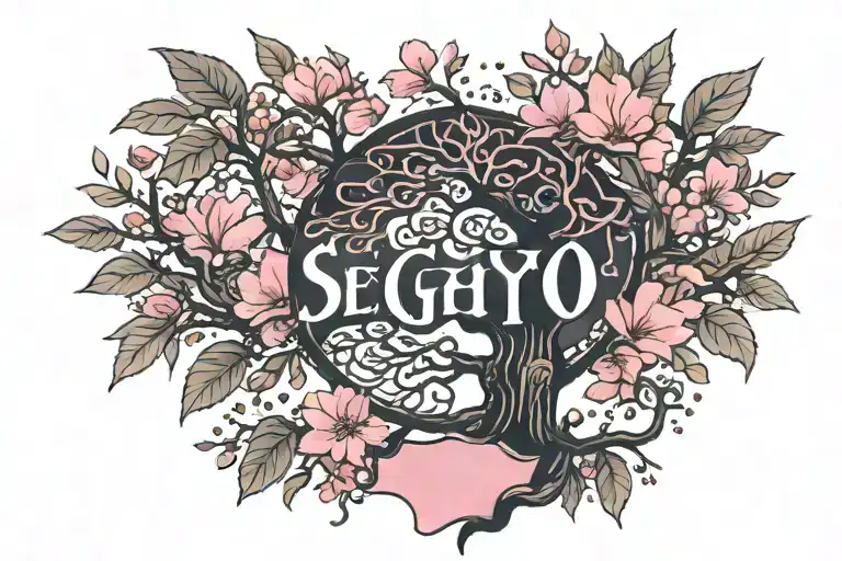 Segyo Inscription Comes Out Of A Black Tree With Pink Leaves