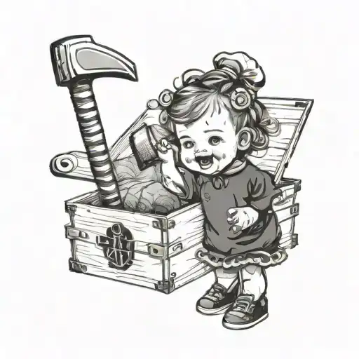 2 Year Old Baby Girl Peaking Out Of The Paper Box Holding Hammer In One Hand
