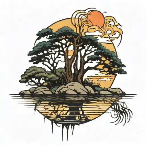 6 Weeping Cedar Trees Behind A Pond Under A Rising Sun