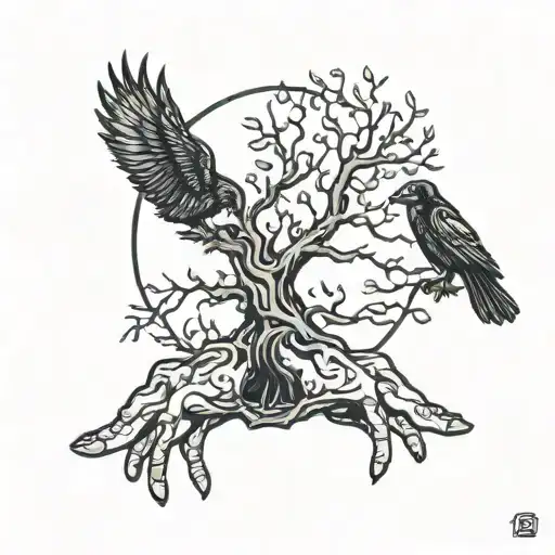 Hand Tattoo With A Tree And Ravens Coming Out Of It