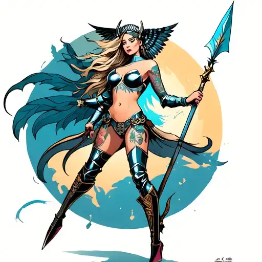 Beautiful Sexy Valkyrie Full Body In High Heel Boots With A Spear And In Armour