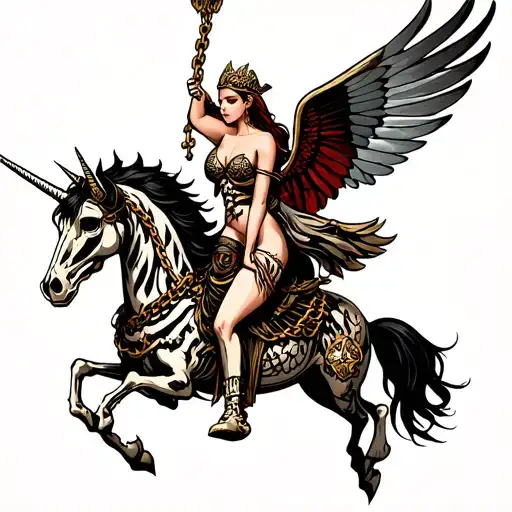 Beautiful Sexy Valkyrie Riding A Flying Unicorn Skeleton Chained