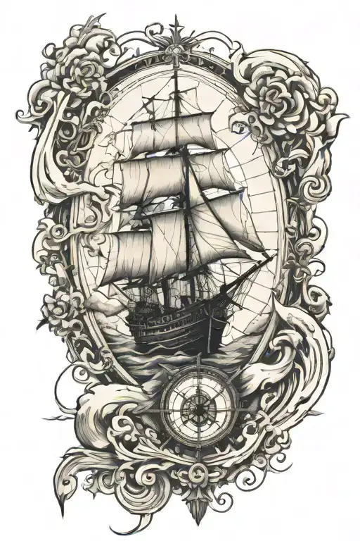 Old World Map With Compass Rose And Old Ship Sailing Through Stormy