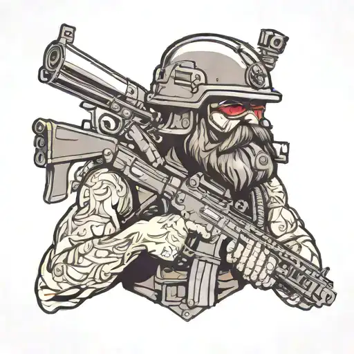 Kolobok With A Beard In A Helmet With A Machine Gun In Color