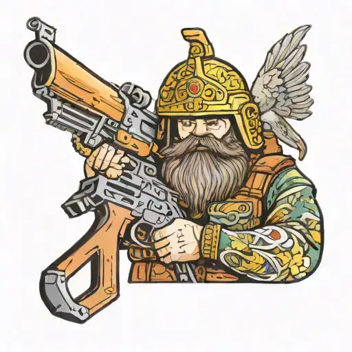 Russian Kolobok With A Beard In A Helmet With A Machine Gun In Color