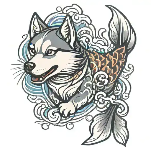 Husky Dog Koi Fish Swimming