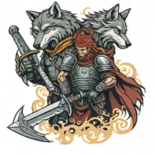 Wolf And Knight Holding A Sword