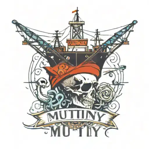 Container Ship With A Crane Behind And A Skull And Anchor With The Text Mutiny