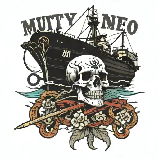 Container Ship With A Crane Behind And A Skull And Anchor With The Text Mutiny