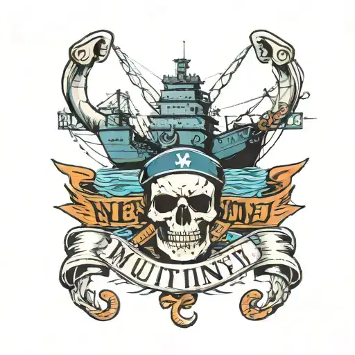 Container Ship With A Crane Behind And A Skull And Anchor With The Text Mutiny
