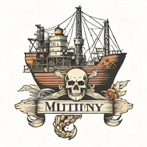 Container Ship With A Crane Behind And A Skull And Anchor With The Text Mutiny