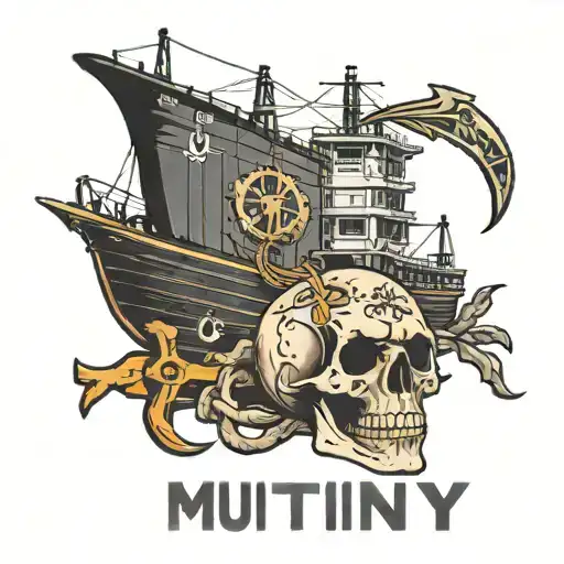 Container Ship With A Crane Behind And A Skull And Anchor With The Text Mutiny
