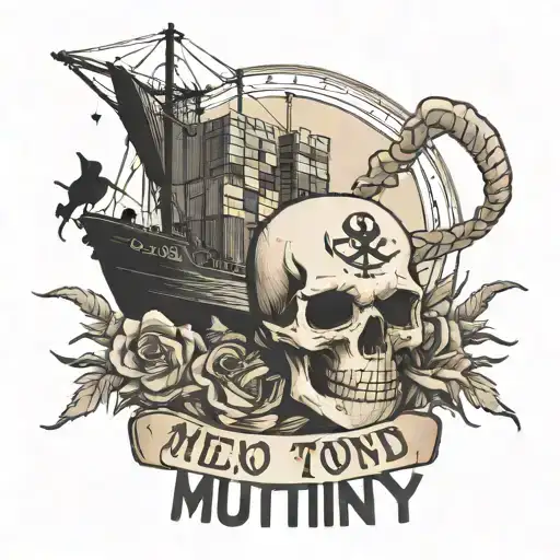 Container Ship With A Crane Behind And A Skull And Anchor With The Text Mutiny