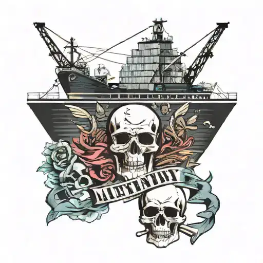 Container Ship With A Crane Behind And A Skull And Anchor With The Text Mutiny