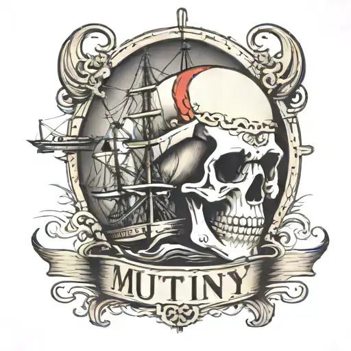 Cargo Ship With A Crane Behind And A Skull And Anchor With The Text Mutiny