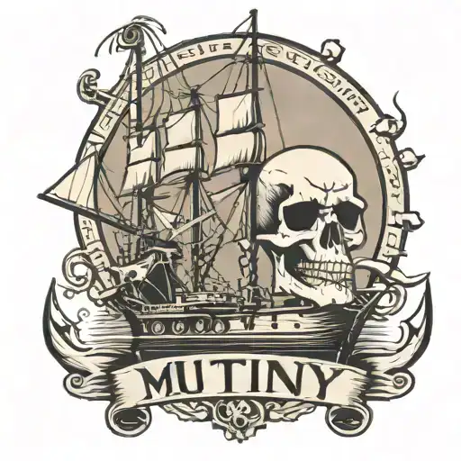 Cargo Ship With A Crane Behind And A Skull And Anchor With The Text Mutiny