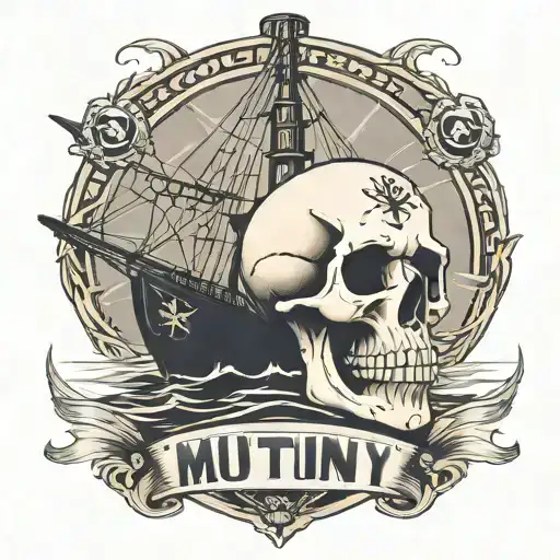 Container Ship With A Crane Behind And A Skull And Anchor With The Text Mutiny