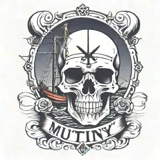 Container Ship With A Crane Behind And A Skull And Anchor With The Text Mutiny