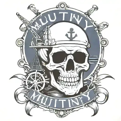 Container Ship With A Crane Behind And A Skull And Anchor With The Text Mutiny