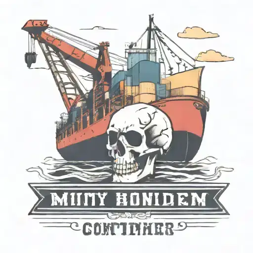 Container Ship With A Crane Behind And A Skull And Anchor And Text Mutiny Below