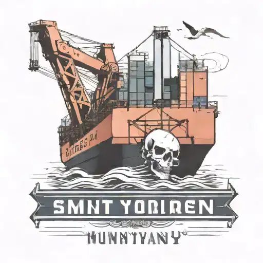 Container Ship With A Crane Behind And A Skull And Anchor And Text Mutiny