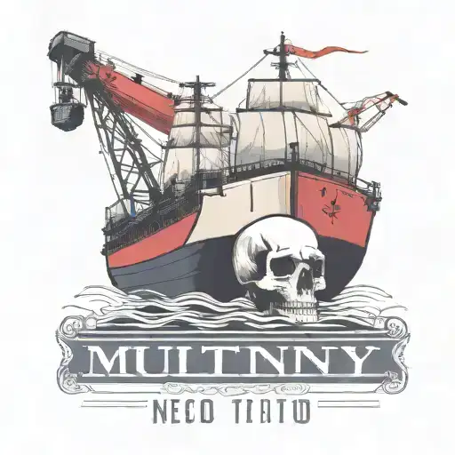 Container Ship With A Crane Behind And A Skull And Anchor With Text Below That Says Mutiny