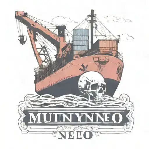 Container Ship With A Crane Behind And A Skull And Anchor With Text Below That Says Mutiny