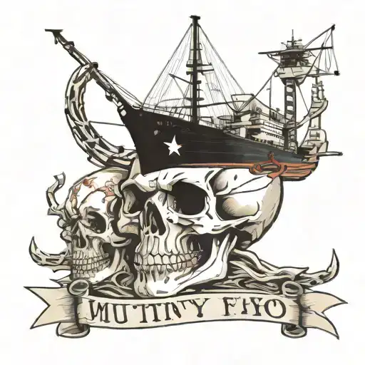 Container Ship With A Crane And A Skull And An Anchor And Text Below That Says Mutiny
