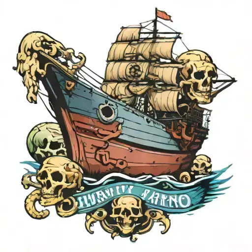 Container Ship With Containers And A Skull And An Anchor With Text Below That Says Mutiny