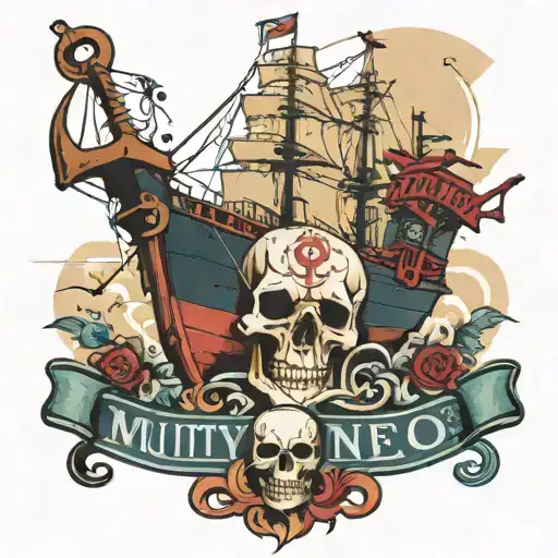 Container Ship With Containers And A Skull And An Anchor With Text Below That Says Mutiny