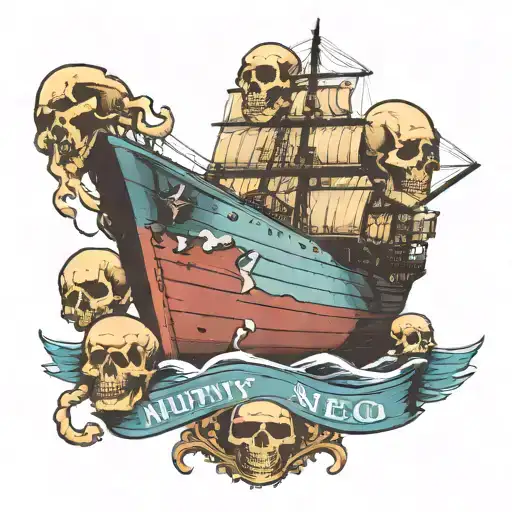 Container Ship With Stacks Of Containers With A Skull Below And Text That Says Mutiny