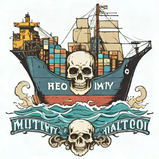 Container Ship With Stacks Of Containers With A Skull Below And With Text Below That Says Mutiny
