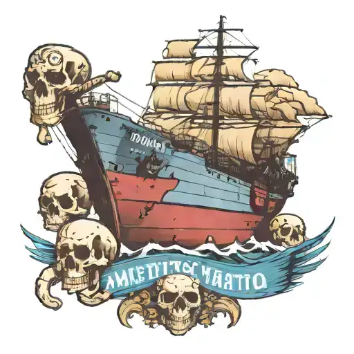 Container Ship With Stacks Of Containers With A Skull Below And With Text Below That Says Mutiny