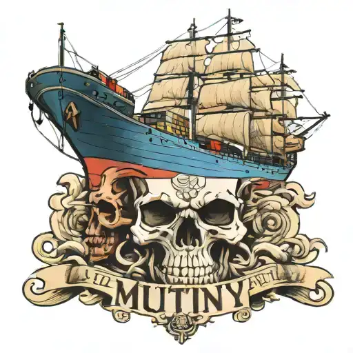Container Ship With Stacks Of Containers With A Skull Below And With Text Below That Says Mutiny