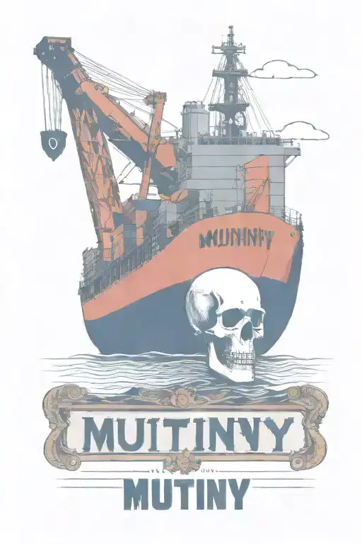 Container Ship With A Crane Behind And A Skull And Anchor With Text That Says Mutiny