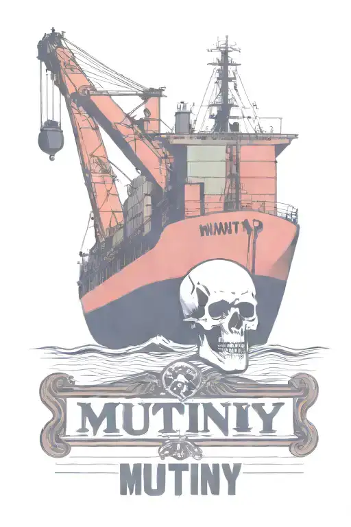 Container Ship With A Crane Behind And A Skull And Anchor With Text That Says Mutiny