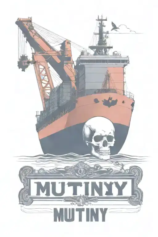 Container Ship With A Crane Behind And A Skull And Anchor With Text That Says Mutiny