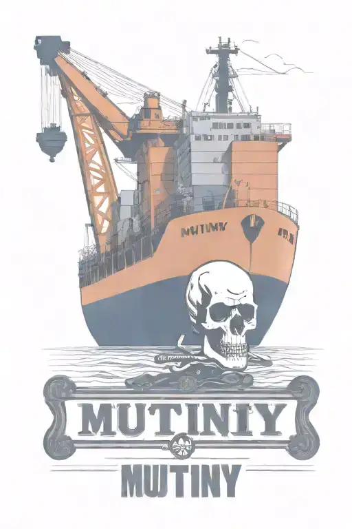 Container Ship With A Crane Behind And A Skull And Anchor With Text That Says Mutiny