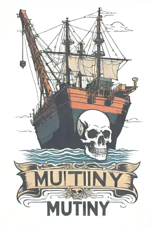 Container Ship With A Crane Behind And A Skull And Anchor With Text Below That Says Mutiny