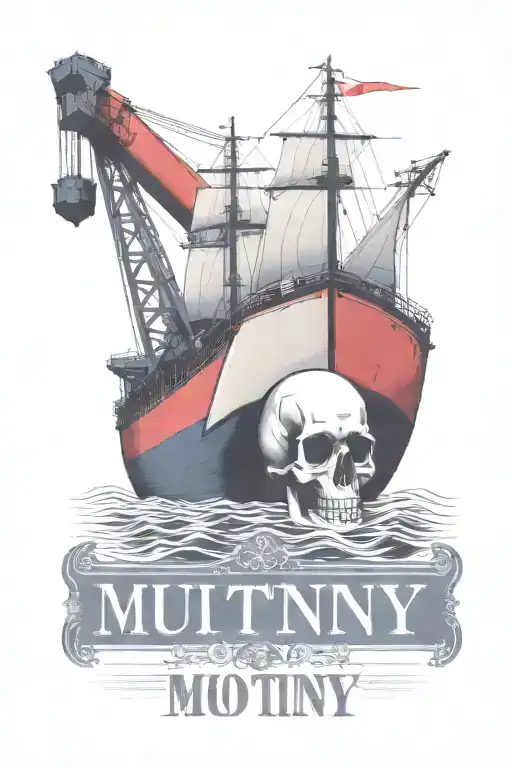Container Ship With A Crane Behind And A Skull And Anchor With Text Below That Says Mutiny