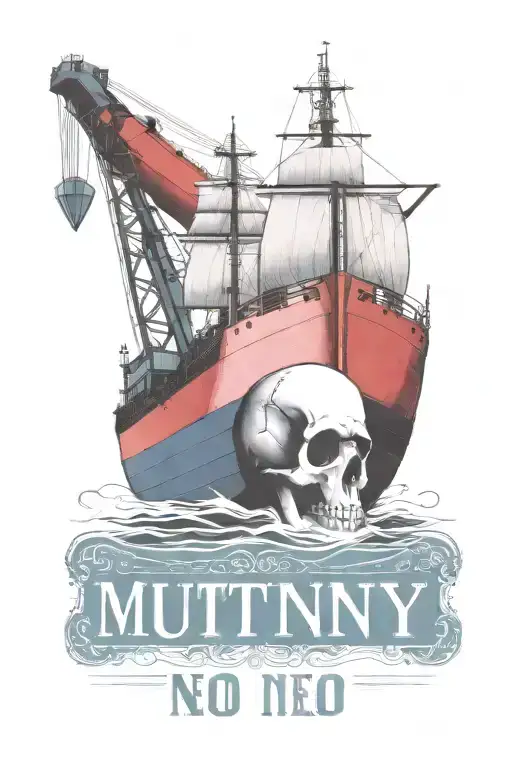 Container Ship With A Crane Behind And A Skull And Anchor With Text Below That Says Mutiny